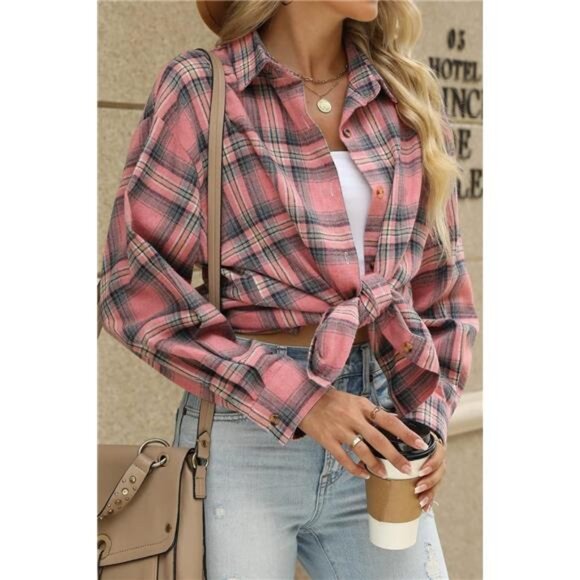 Womens Button Down Flannel Shirts Long Sleeve Plaid Shackets Business - Picture 3 of 7